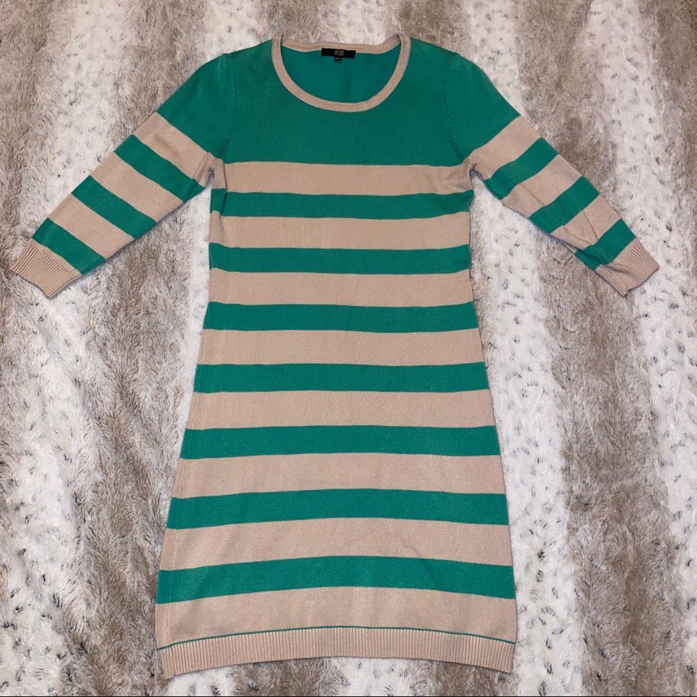BEDO Green Beige Striped Sweater Dress - Medium